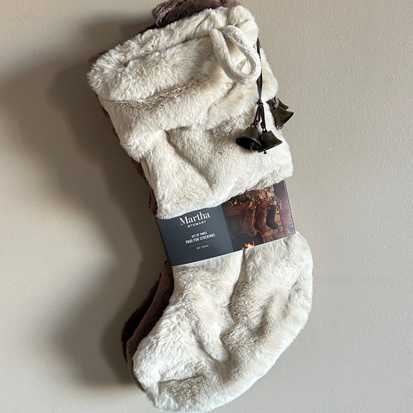 Martha Stewart Holiday Christmas Faux Fur Stockings Ivory Taupe Brown NEW!